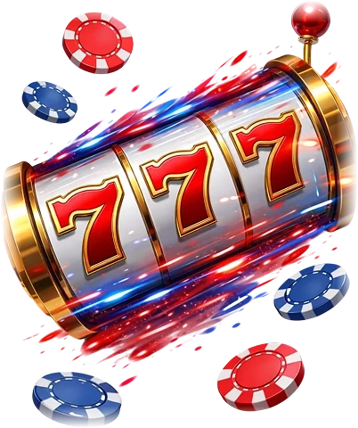 Golden 777 slot reel with red and blue casino chips